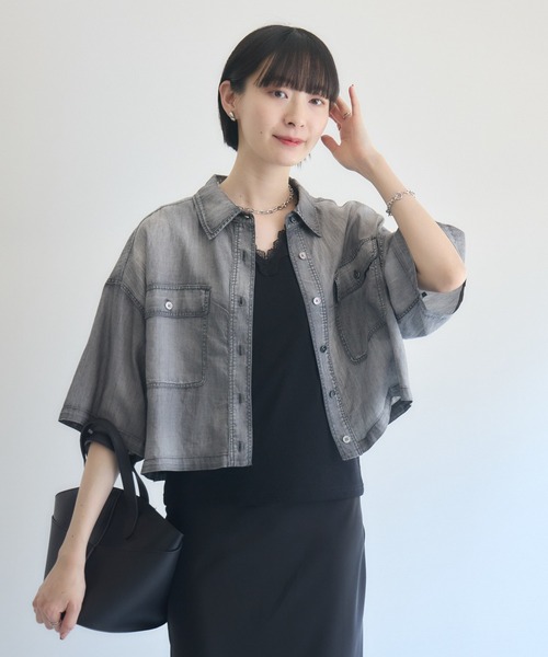 Paradise Picnic(パラダイスピクニック)の「Dignite Collierシアー半袖デニムシャツ(シャツ/ブラウス・レディース・ライトブルー/ブルー/ブラック・FREE)」の4枚目の写真