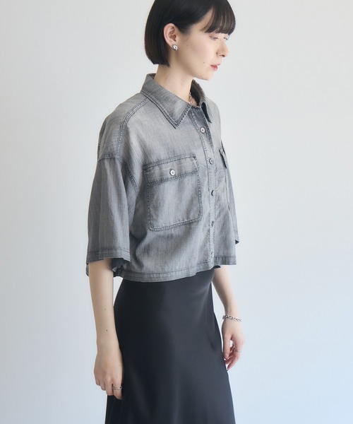 Paradise Picnic(パラダイスピクニック)の「Dignite Collierシアー半袖デニムシャツ(シャツ/ブラウス・レディース・ライトブルー/ブルー/ブラック・FREE)」の9枚目の写真