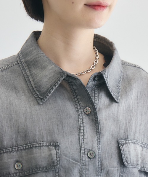 Paradise Picnic(パラダイスピクニック)の「Dignite Collierシアー半袖デニムシャツ(シャツ/ブラウス・レディース・ライトブルー/ブルー/ブラック・FREE)」の11枚目の写真