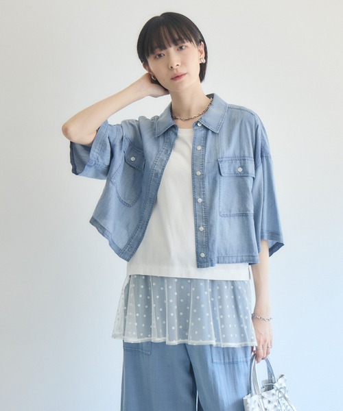 Paradise Picnic(パラダイスピクニック)の「Dignite Collierシアー半袖デニムシャツ(シャツ/ブラウス・レディース・ライトブルー/ブルー/ブラック・FREE)」の17枚目の写真