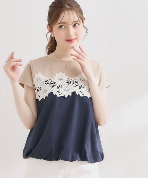 couture brooch(クチュールブローチ)の「【UVカット・接触冷感・洗える】レース バルーントップス(Tシャツ/カットソー・レディース・ブラック/オフホワイト/ネイビー系4・36/38/40/42)」の3枚目の写真