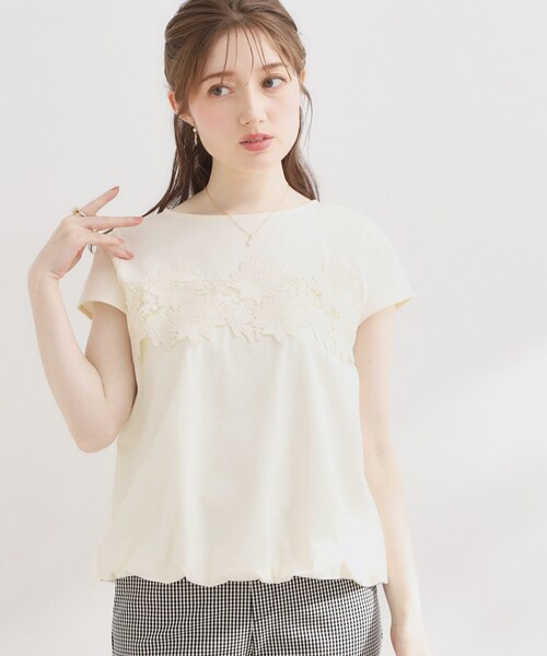 couture brooch(クチュールブローチ)の「【UVカット・接触冷感・洗える】レース バルーントップス(Tシャツ/カットソー・レディース・ブラック/オフホワイト/ネイビー系4・36/38/40/42)」の8枚目の写真