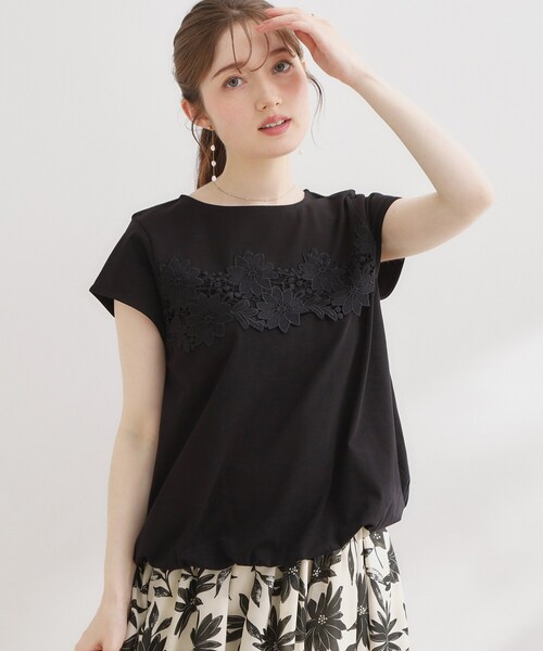 couture brooch(クチュールブローチ)の「【UVカット・接触冷感・洗える】レース バルーントップス(Tシャツ/カットソー・レディース・ブラック/オフホワイト/ネイビー系4・36/38/40/42)」の22枚目の写真