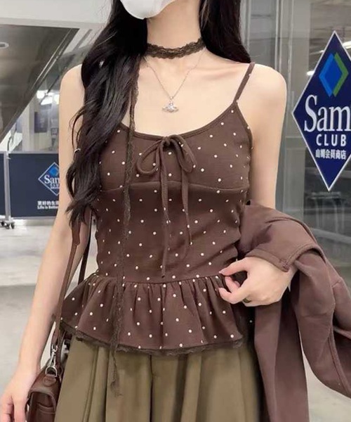 Lace Ladies(レースレディース)の「ドット リボン ペプラム カップ付き キャミソール(キャミソール・レディース・グレー/ホワイト/ブラウン/ブラック・FREE)」の8枚目の写真