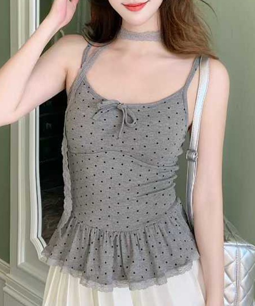 Lace Ladies(レースレディース)の「ドット リボン ペプラム カップ付き キャミソール(キャミソール・レディース・グレー/ホワイト/ブラウン/ブラック・FREE)」の9枚目の写真