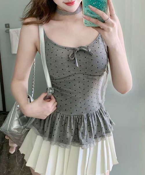 Lace Ladies(レースレディース)の「ドット リボン ペプラム カップ付き キャミソール(キャミソール・レディース・グレー/ホワイト/ブラウン/ブラック・FREE)」の11枚目の写真