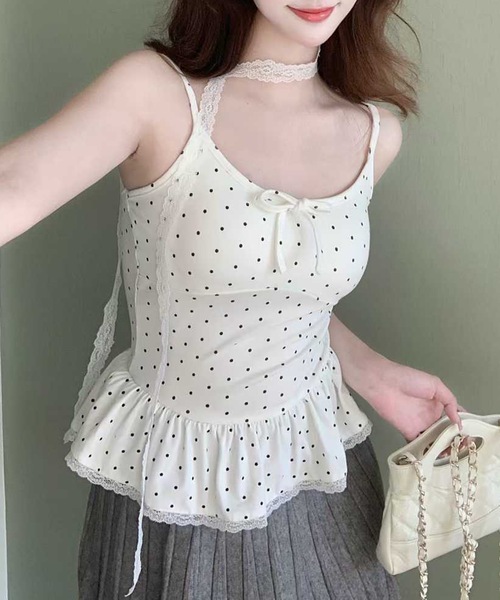 Lace Ladies(レースレディース)の「ドット リボン ペプラム カップ付き キャミソール(キャミソール・レディース・グレー/ホワイト/ブラウン/ブラック・FREE)」の12枚目の写真