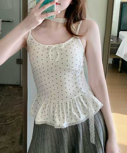 Lace Ladies(レースレディース)の「ドット リボン ペプラム カップ付き キャミソール(キャミソール・レディース・グレー/ホワイト/ブラウン/ブラック・FREE)」の15枚目の写真