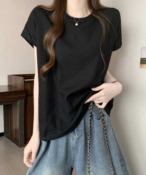 2ly2(トゥーリートゥー)の「フレンチスリーブTシャツ 無地 半袖 ゆったり シンプル(シャツ/ブラウス・レディース・ブラック/ホワイト・FREE)」の6枚目の写真