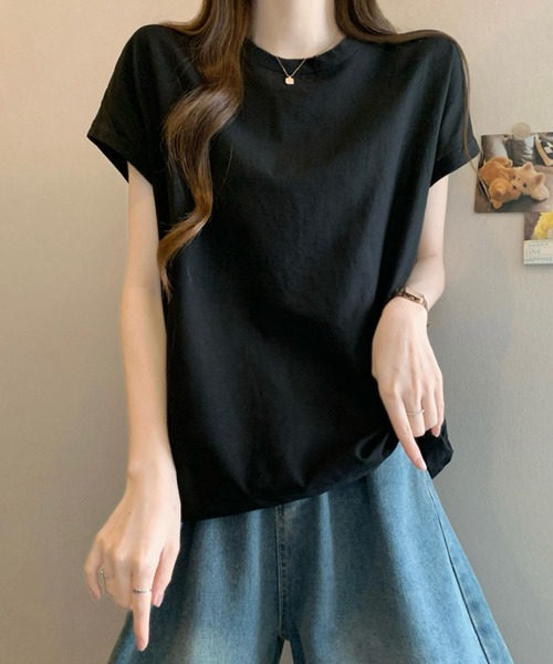 2ly2(トゥーリートゥー)の「フレンチスリーブTシャツ 無地 半袖 ゆったり シンプル(シャツ/ブラウス・レディース・ブラック/ホワイト・FREE)」の9枚目の写真