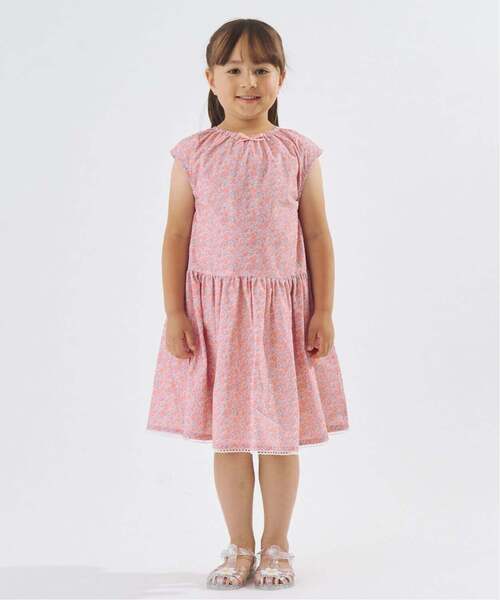 Lycee mine(リセマイン)の「【どちらが前でもOK】花柄ティアードワンピース【子供服】【キッズ】【女の子】(シャツワンピース・キッズ・ライトオレンジ系/クリーム/ピンク・110cm/100cm/90cm/140cm/130cm/120cm)」の6枚目の写真