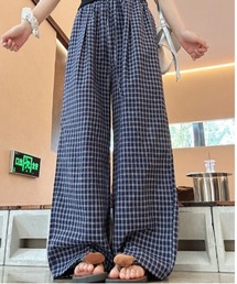 チェック柄サッカーイージーワイドパンツ