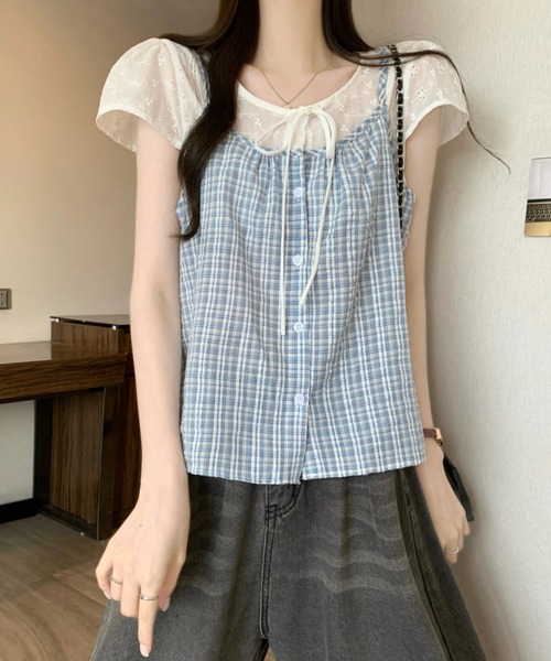 AMAJI(アマジ)の「チェック柄 配色切替 リボンタイ フェイクレイヤードトップス(その他トップス・レディース・ライトブルー/パープル/ブラック・FREE)」の4枚目の写真