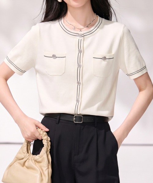 LUCPY(ラクピー)の「配色ラインニットカーディガン(カーディガン/ボレロ・レディース・ホワイト・MEDIUM/SMALL/X-LARGE/LARGE)」の2枚目の写真