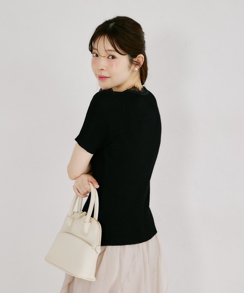 tocco closet(トッコ クローゼット)の「フロントパール付きレース装飾カーディガン風リブニットプルオーバー(ニット/セーター・レディース・モカ/ブラック/ピンクベージュ・M)」の17枚目の写真