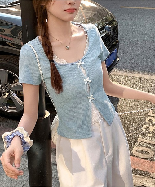 Nia(ニア)の「Nia(ニア)/レースレイヤードリボントップス(Tシャツ/カットソー・レディース・ブルー/グレー・MEDIUM/SMALL)」の5枚目の写真