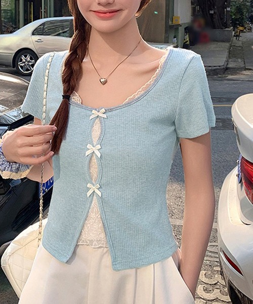 Nia(ニア)の「Nia(ニア)/レースレイヤードリボントップス(Tシャツ/カットソー・レディース・ブルー/グレー・MEDIUM/SMALL)」の6枚目の写真