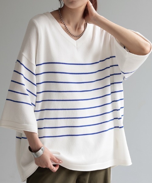 HUG.U(ハグユー)の「「しゃりひや」サマーニット(Tシャツ/カットソー・レディース・ホワイト/ブラック/グリーン/アイボリー/モカ/ラベンダー/ホワイト×ブルー/ブラック×ホワイト・FREE)」の3枚目の写真