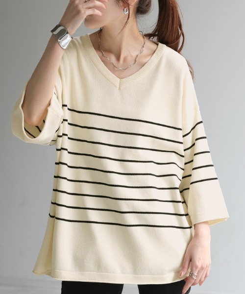 HUG.U(ハグユー)の「「しゃりひや」サマーニット(Tシャツ/カットソー・レディース・ホワイト/ブラック/グリーン/アイボリー/モカ/ラベンダー/ホワイト×ブルー/ブラック×ホワイト・FREE)」の2枚目の写真