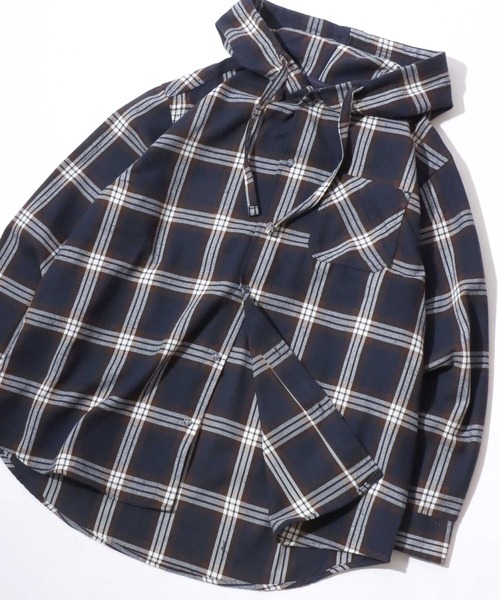 SITRY（シトリー）の「Flannel Check Hoodie Shirt/オーバーサイズ フランネルシャツ ネルチェックシャツ オンブレチェックシャツ フードシャツ フーディー（シャツ/ブラウス・メンズ・ホワイト/ブラック/ネイビー/レッド/サックスブルー/グリーン/マスタード・LL/M/L）」の5枚目の写真