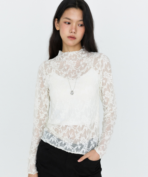 MONGDOL(モンドル)の「レーステクスチャーシースルーTシャツ アイボリー MDTS115IVORY(Tシャツ/カットソー・レディース・その他・F)」の1枚目の写真