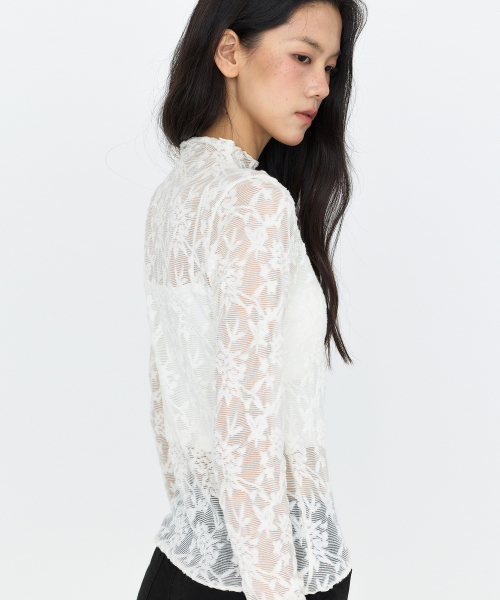 MONGDOL(モンドル)の「レーステクスチャーシースルーTシャツ アイボリー MDTS115IVORY(Tシャツ/カットソー・レディース・その他・F)」の2枚目の写真