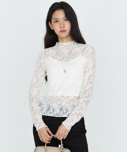 MONGDOL(モンドル)の「レーステクスチャーシースルーTシャツ アイボリー MDTS115IVORY(Tシャツ/カットソー・レディース・その他・F)」の4枚目の写真