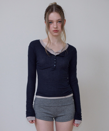 Henley Neck Layered Long Sleeve [Navy]