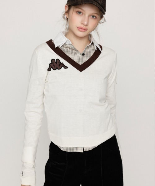 SLY(スライ)の「KAPPA x SLY V NECK TOPS カッパスライブイネックトップス 秋服(ニット/セーター・レディース・アイボリー/ブラック系その他2/ネイビー系・FREE)」の2枚目の写真