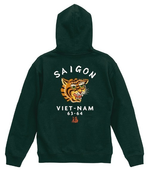 Ol' Basics(オールベーシックス)の「Ol' Basics(オール・ベーシックス) プルパーカー レディース スウェット 虎 タイガー SAIGON ロゴ プリント プルオーバーパーカー フーディー スエット トップス アメカジ ユニセックス(パーカー・レディース・ミックスグレー/モスグリーン/ホワイト/ブラック・S)」の4枚目の写真