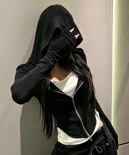 Achic(アシック)の「レイヤードフーディージップトップス(パーカー・レディース・ブラック系/ブラウン/ブラック・M)」の11枚目の写真