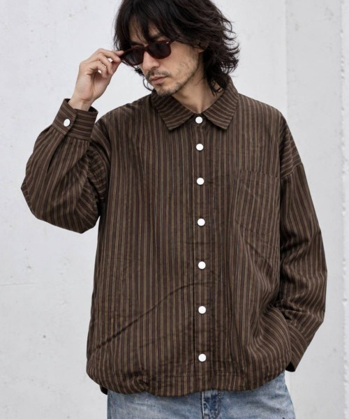 KAMINARI_TOKIO（カミナリトキオ）の「マルチストライプ裾ドロストオーバーシャツ（Tシャツ/カットソー・レディース・ネイビー/ブラウン/オレンジ/アイボリー・FREE）」の3枚目の写真