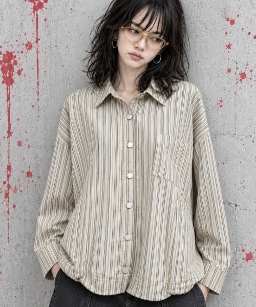 KAMINARI_TOKIO（カミナリトキオ）の「マルチストライプ裾ドロストオーバーシャツ（Tシャツ/カットソー・レディース・ネイビー/ブラウン/オレンジ/アイボリー・FREE）」の2枚目の写真