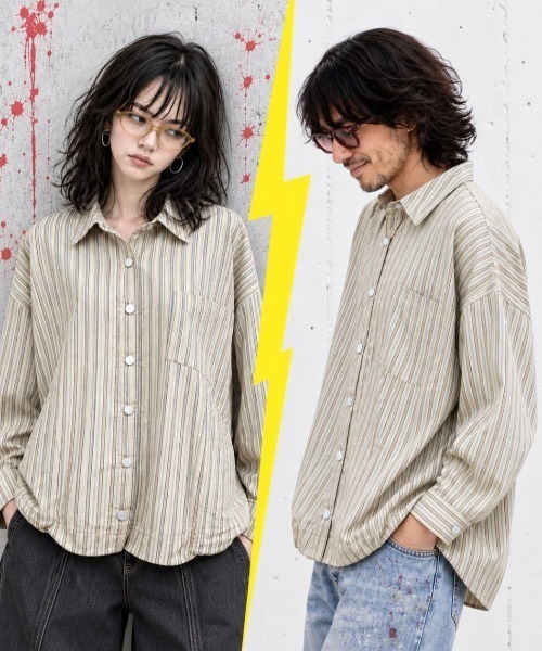 KAMINARI_TOKIO（カミナリトキオ）の「マルチストライプ裾ドロストオーバーシャツ（Tシャツ/カットソー・レディース・ネイビー/ブラウン/オレンジ/アイボリー・FREE）」の5枚目の写真