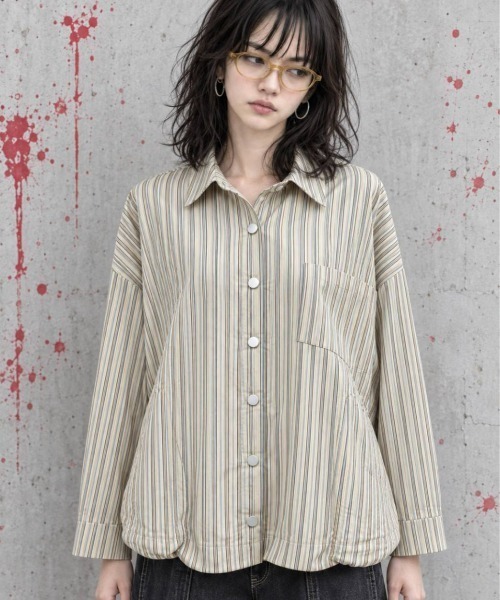 KAMINARI_TOKIO（カミナリトキオ）の「マルチストライプ裾ドロストオーバーシャツ（Tシャツ/カットソー・レディース・ネイビー/ブラウン/オレンジ/アイボリー・FREE）」の6枚目の写真