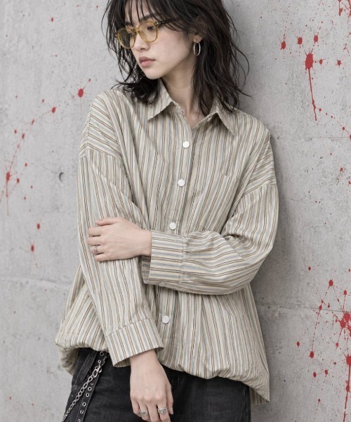 KAMINARI_TOKIO（カミナリトキオ）の「マルチストライプ裾ドロストオーバーシャツ（Tシャツ/カットソー・レディース・ネイビー/ブラウン/オレンジ/アイボリー・FREE）」の9枚目の写真