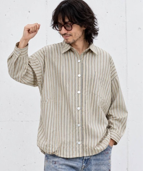 KAMINARI_TOKIO（カミナリトキオ）の「マルチストライプ裾ドロストオーバーシャツ（Tシャツ/カットソー・レディース・ネイビー/ブラウン/オレンジ/アイボリー・FREE）」の11枚目の写真