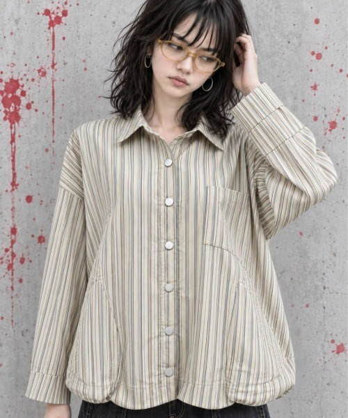 KAMINARI_TOKIO（カミナリトキオ）の「マルチストライプ裾ドロストオーバーシャツ（Tシャツ/カットソー・レディース・ネイビー/ブラウン/オレンジ/アイボリー・FREE）」の7枚目の写真