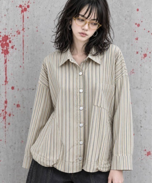 KAMINARI_TOKIO（カミナリトキオ）の「マルチストライプ裾ドロストオーバーシャツ（Tシャツ/カットソー・レディース・ネイビー/ブラウン/オレンジ/アイボリー・FREE）」の8枚目の写真