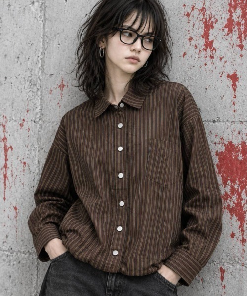 KAMINARI_TOKIO（カミナリトキオ）の「マルチストライプ裾ドロストオーバーシャツ（Tシャツ/カットソー・レディース・ネイビー/ブラウン/オレンジ/アイボリー・FREE）」の18枚目の写真