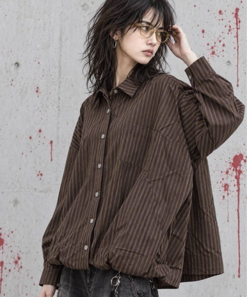 KAMINARI_TOKIO（カミナリトキオ）の「マルチストライプ裾ドロストオーバーシャツ（Tシャツ/カットソー・レディース・ネイビー/ブラウン/オレンジ/アイボリー・FREE）」の19枚目の写真