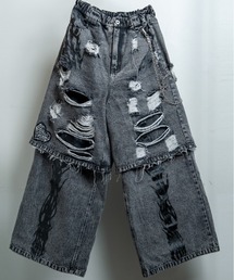 LOU K ヴィンテージウォッシュ ダメージ&チェーンデザイン 2WAYレイヤードワイドデニムパンツ