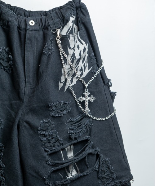 BACKSTAGE PASS（バックステージパス）の「LOU K　ヴィンテージウォッシュ ダメージ＆チェーンデザイン 2WAYレイヤードワイドデニムパンツ（デニムパンツ・メンズ・ダークグレー/ブラック・FREE）」の6枚目の写真