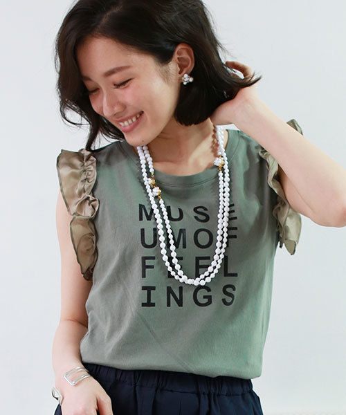 REAL CUBE（リアルキューブ）の「チュールスリーブロゴトップス（タンクトップ・レディース・カーキ/ネイビー/オフホワイト/グレー・M）」の4枚目の写真