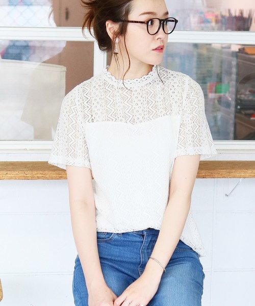 reca（レカ）の「プチハイネックシースルーレース 半袖トップス（Tシャツ/カットソー・レディース・オフホワイト/ブラック/サックスブルー/イエロー・M）」の2枚目の写真