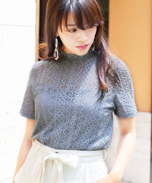 reca（レカ）の「プチハイネックシースルーレース 半袖トップス（Tシャツ/カットソー・レディース・オフホワイト/ブラック/サックスブルー/イエロー・M）」の4枚目の写真