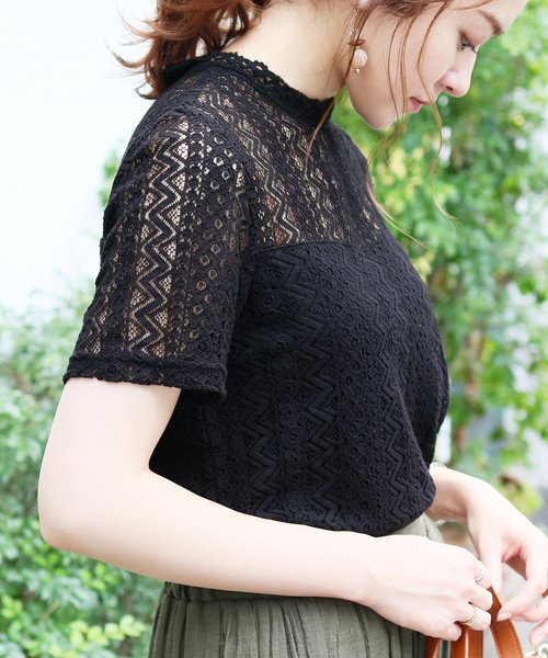 reca（レカ）の「プチハイネックシースルーレース 半袖トップス（Tシャツ/カットソー・レディース・オフホワイト/ブラック/サックスブルー/イエロー・M）」の3枚目の写真