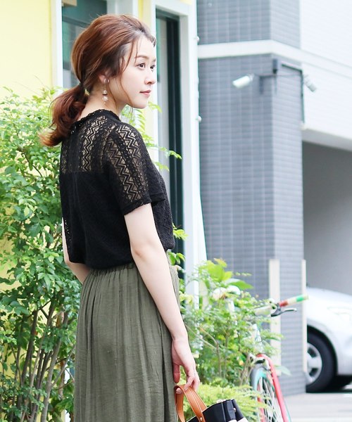 reca（レカ）の「プチハイネックシースルーレース 半袖トップス（Tシャツ/カットソー・レディース・オフホワイト/ブラック/サックスブルー/イエロー・M）」の6枚目の写真