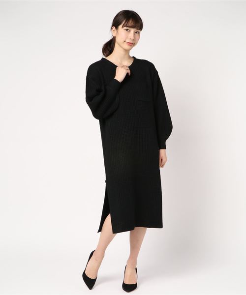 rps（アールピーエス）の「ワッフル編みボリューム袖ニットワンピース（ワンピース・レディース・ブラック/アイボリー/杢グレー・M）」の9枚目の写真