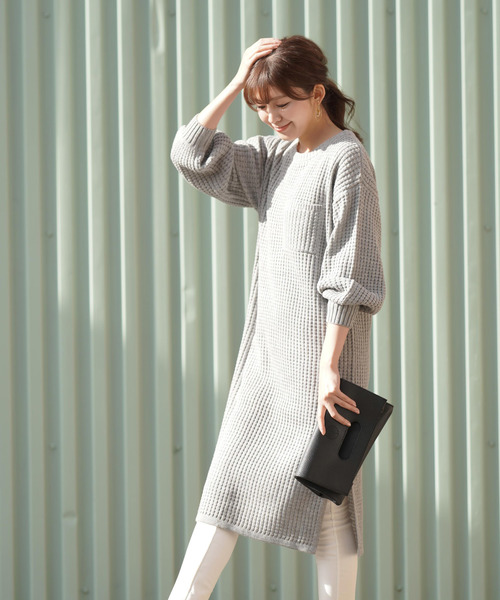 rps（アールピーエス）の「ワッフル編みボリューム袖ニットワンピース（ワンピース・レディース・ブラック/アイボリー/杢グレー・M）」の19枚目の写真
